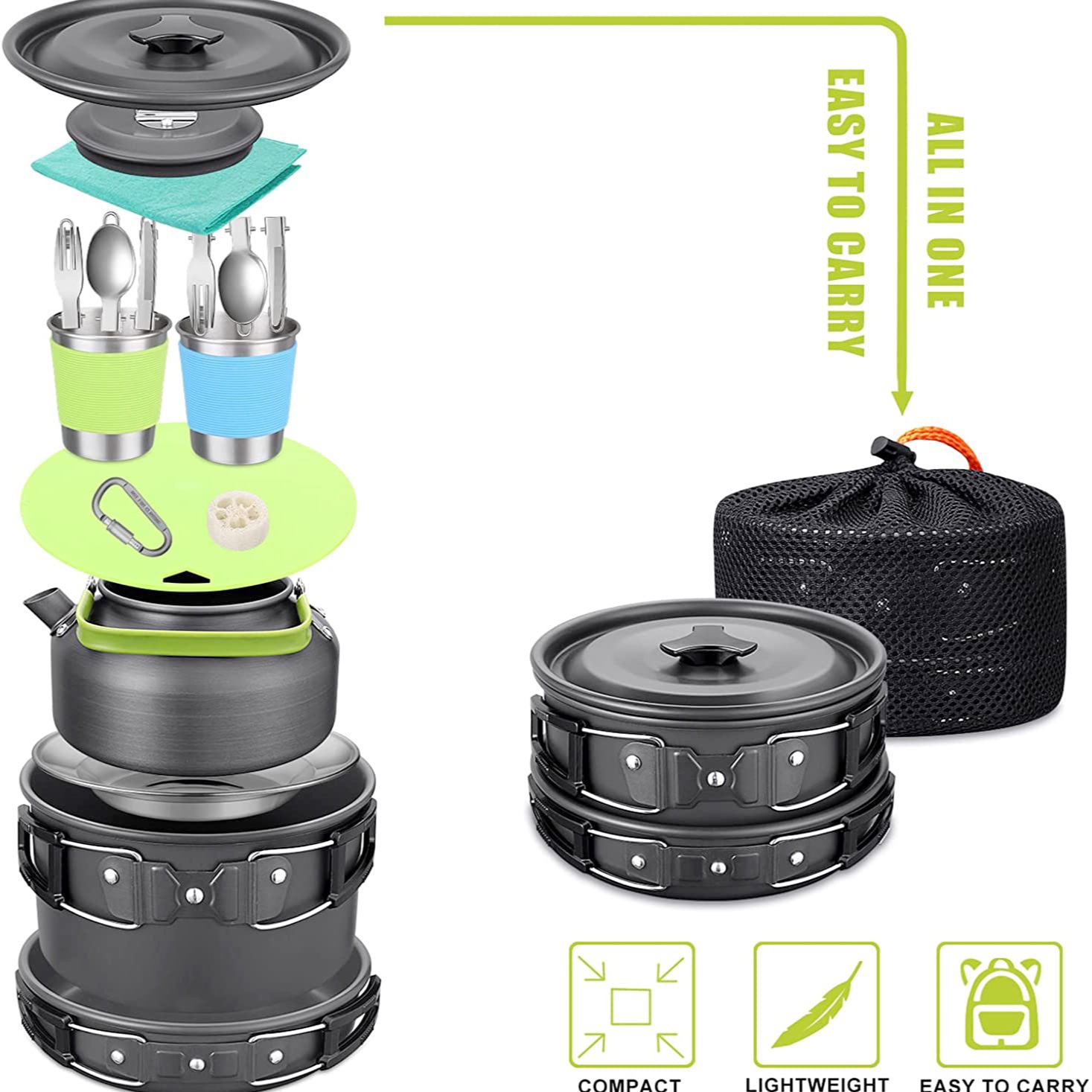 Camping Cooking Gear Set - 야외 캠핑 조리 세트(주전자 포함), 304