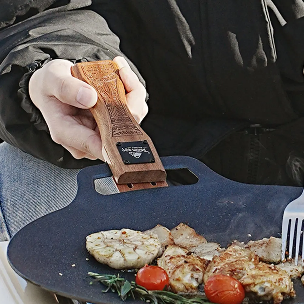 Camping Cooking Pan - 야외용 천연 나무 그릴 팬 손잡이