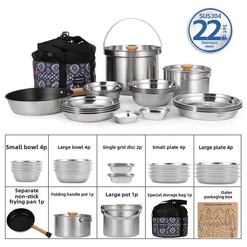 Camping Cooking Gear Set - NOBANA 최신 야외 스테인레스 스틸 냄비